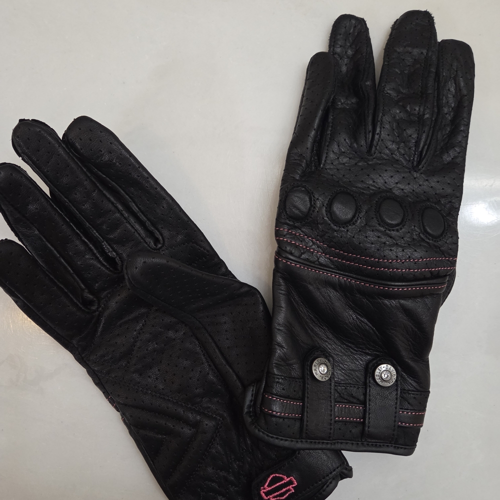 Black Leather Motocycle Gloves with Pink Stitching Size L